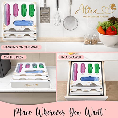 Alice 7 IN 1 Ziplock Bag Storage Organizer for Kitchen Drawer and Plastic Wrap Dispenser with Cutter | Bamboo Foil and Plastic Wrap Organizer | Compatible with Gallon, Quart, Sandwich, Snack