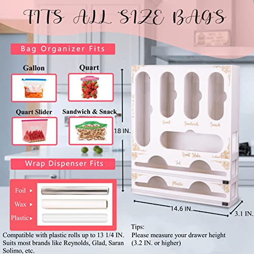 Alice 7 IN 1 Ziplock Bag Storage Organizer for Kitchen Drawer and Plastic Wrap Dispenser with Cutter | Bamboo Foil and Plastic Wrap Organizer | Compatible with Gallon, Quart, Sandwich, Snack