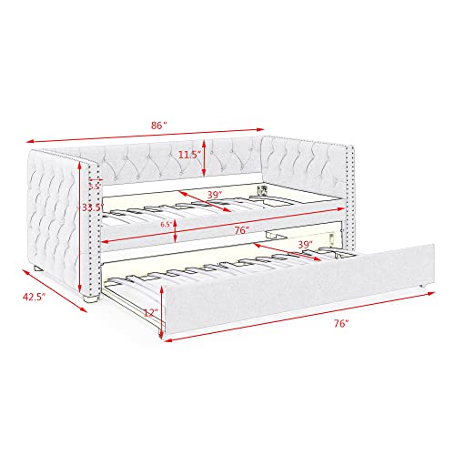 Daybed with Trundle, Upgraded Linen Upholstered Twin Size Day Bed Button-Tufted Sofa Daybed Frame with A Trundle, No Box Spring Needed, Furniture for Bedroom Living Room Guest Room (Beige, Twin)
