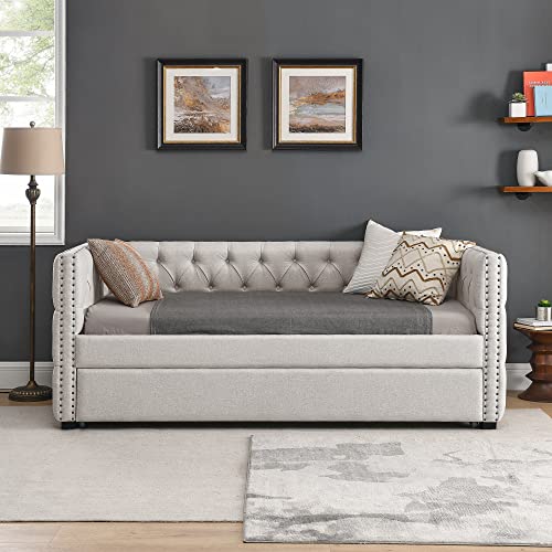 Daybed with Trundle, Upgraded Linen Upholstered Twin Size Day Bed Button-Tufted Sofa Daybed Frame with A Trundle, No Box Spring Needed, Furniture for Bedroom Living Room Guest Room (Beige, Twin)