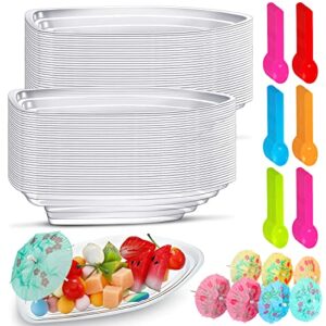 clear plastic 8 oz banana split boat bowls set disposable reusable banana split plate include ice cream sundae splits bowl paper umbrellas and spoons for parties serving sauces candy salad (50 set)