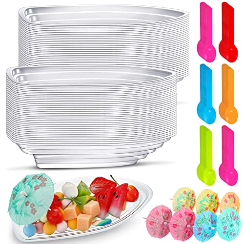 Clear Plastic 8 oz Banana Split Boat Bowls Set Disposable Reusable Banana Split Plate Include Ice Cream Sundae Splits Bowl Paper Umbrellas and Spoons for Parties Serving Sauces Candy Salad (50 Set)