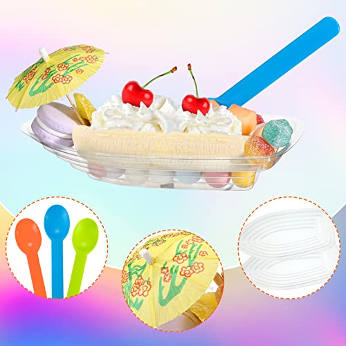 Clear Plastic 8 oz Banana Split Boat Bowls Set Disposable Reusable Banana Split Plate Include Ice Cream Sundae Splits Bowl Paper Umbrellas and Spoons for Parties Serving Sauces Candy Salad (50 Set)