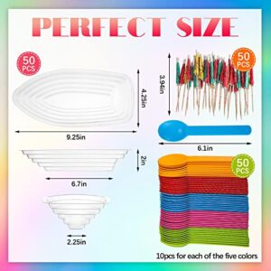 Clear Plastic 8 oz Banana Split Boat Bowls Set Disposable Reusable Banana Split Plate Include Ice Cream Sundae Splits Bowl Paper Umbrellas and Spoons for Parties Serving Sauces Candy Salad (50 Set)