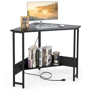 goflame corner desk with power outlet, triangle computer desk for small space, space-saving writing desk with storage shelf and charging station, modern laptop pc desk for home office (black)