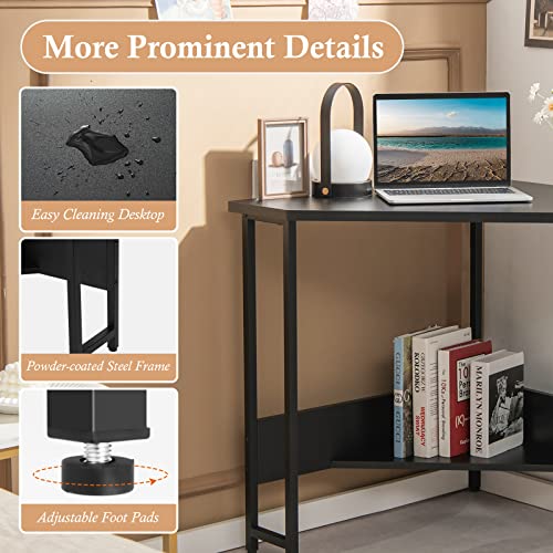 GOFLAME Corner Desk with Power Outlet, Triangle Computer Desk for Small Space, Space-Saving Writing Desk with Storage Shelf and Charging Station, Modern Laptop PC Desk for Home Office (Black)