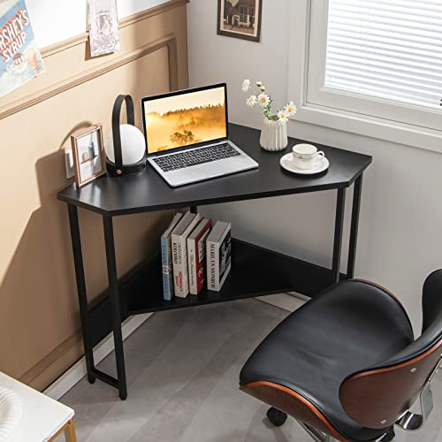 GOFLAME Corner Desk with Power Outlet, Triangle Computer Desk for Small Space, Space-Saving Writing Desk with Storage Shelf and Charging Station, Modern Laptop PC Desk for Home Office (Black)