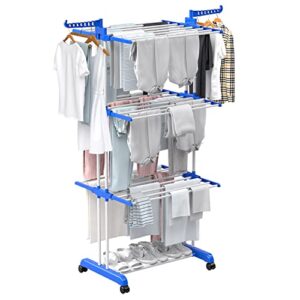 large clothes drying rack, 4-tier clothes drying rack with 67h x 19w x 30l inches, movable clothes drying rack with casters for indoor/outdoor for drying clothes, bed covers, shoes, sofa covers etc