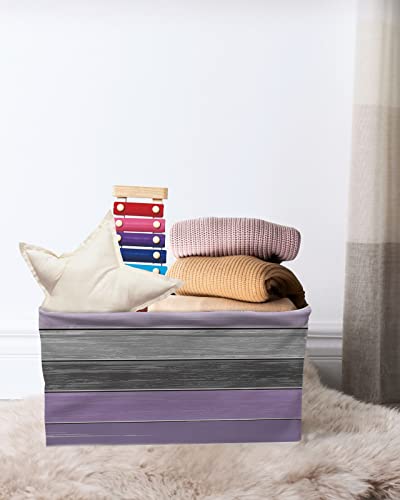Large Capacity Storage Bins 2Pcs Stripe Wood Grain Purple and Grey Storage Cubes, Collapsible Storage Baskets for Organizing for Bedroom Living Room Shelves Home 15x11x9.5 In