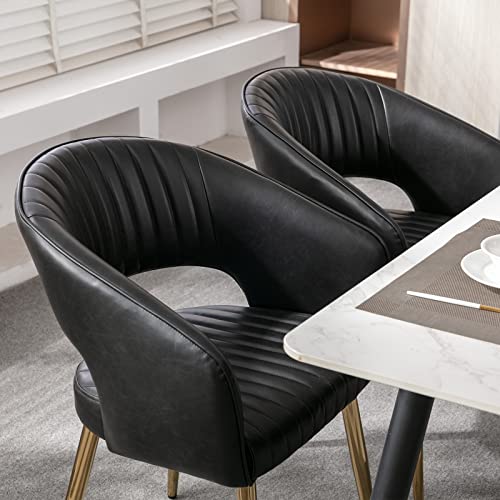 Guyou Set of 6 Modern Dining Arm Chairs Gold Legs, PU Leather Upholstered Dining Room Chair Hollow Back Guest Side Chair with Quilting Padded Cushion for Living Room (Black Faux Leather, 6 Pack)