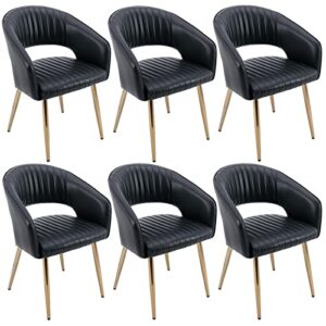 guyou set of 6 modern dining arm chairs gold legs, pu leather upholstered dining room chair hollow back guest side chair with quilting padded cushion for living room (black faux leather, 6 pack)
