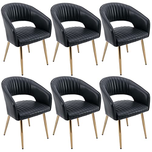 Guyou Set of 6 Modern Dining Arm Chairs Gold Legs, PU Leather Upholstered Dining Room Chair Hollow Back Guest Side Chair with Quilting Padded Cushion for Living Room (Black Faux Leather, 6 Pack)