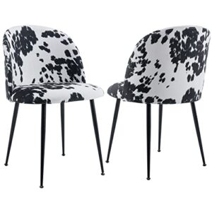 guyou fabric upholstered dining chairs set of 2, modern guest chairs side chairs round back, modern accent chairs with metal legs for living room bedroom reception room (black cow)