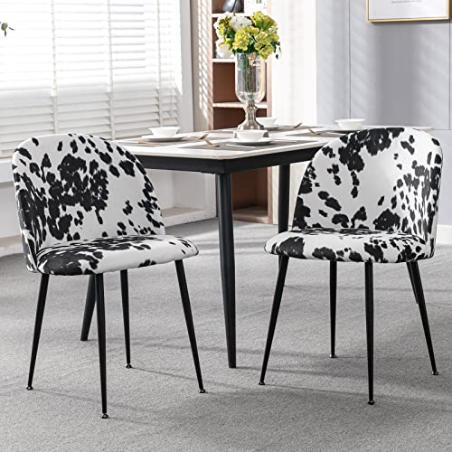 Guyou Fabric Upholstered Dining Chairs Set of 2, Modern Guest Chairs Side Chairs Round Back, Modern Accent Chairs with Metal Legs for Living Room Bedroom Reception Room (Black Cow)