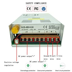 Lianshi Transformer AC-DC 0-24V Adjustable 20A480W Voltage Digital Display DC Regulated Switching Power Supply Adapt to DC Speed Control Motor, LED Equipment, 3D Printer System