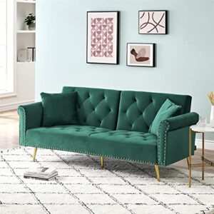 pboghlrd convertible velvet loveseat sofa, upholstered nail head futon sofa bed with two pillows, modern sleeper couch bed for living room, bedroom, home office (green)