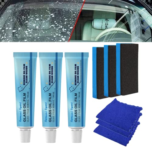 3Pc Car Glass Oil Film Cleaner, Glass Film Removal Cream, Car Windshield Oil Film Cleaner,Glass Oil Film Remover Glass Stripper Water Spot Remover, with Sponge and Towel