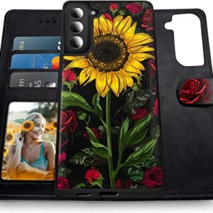 Shields Up for Galaxy S23 Case, [Detachable] Magnetic Wallet Case with Card Holder & Wrist Strap for Girls/Women, [Vegan Leather] Floral Cover for Samsung Galaxy S23 5G - Rose Flower/Sunflower