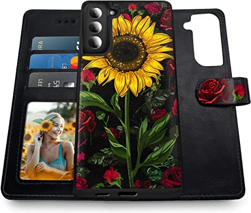 Shields Up for Galaxy S23 Case, [Detachable] Magnetic Wallet Case with Card Holder & Wrist Strap for Girls/Women, [Vegan Leather] Floral Cover for Samsung Galaxy S23 5G - Rose Flower/Sunflower