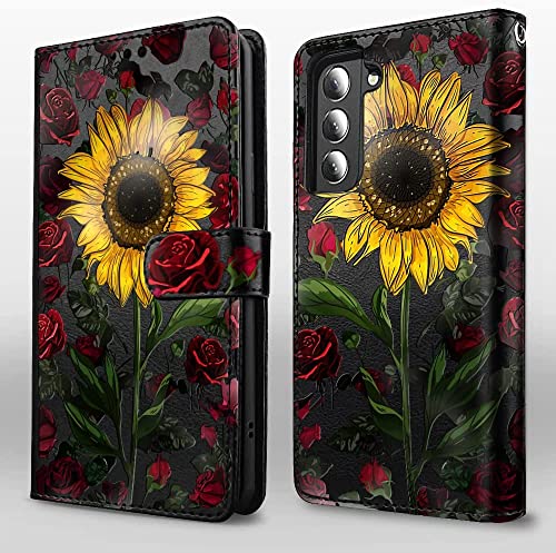 Shields Up for Galaxy S23 Case, [Detachable] Magnetic Wallet Case with Card Holder & Wrist Strap for Girls/Women, [Vegan Leather] Floral Cover for Samsung Galaxy S23 5G - Rose Flower/Sunflower