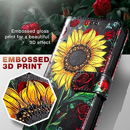 Shields Up for Galaxy S23 Case, [Detachable] Magnetic Wallet Case with Card Holder & Wrist Strap for Girls/Women, [Vegan Leather] Floral Cover for Samsung Galaxy S23 5G - Rose Flower/Sunflower