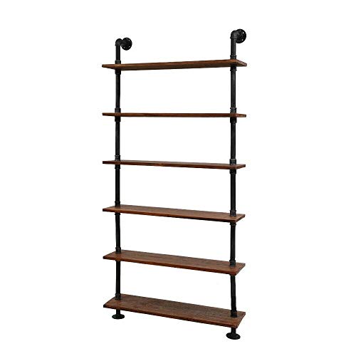 LOKKHAN L:36-Inch Industrial Pipe Shelves,Wall Mounted Metal Pipe Wood Shelf,Rustic Pipe Ladder Bookshelf Bookcase,DIY Open Pipe Shelving
