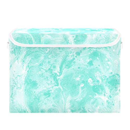 Kigai Storage Basket Abstract Marble Mint Green Storage Boxes with Lids and Handle, Large Storage Cube Bin Collapsible for Shelves Closet Bedroom Living Room, 16.5x12.6x11.8 In