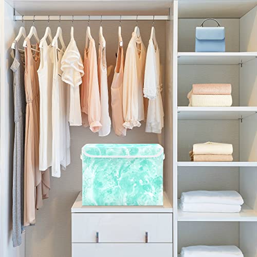 Kigai Storage Basket Abstract Marble Mint Green Storage Boxes with Lids and Handle, Large Storage Cube Bin Collapsible for Shelves Closet Bedroom Living Room, 16.5x12.6x11.8 In
