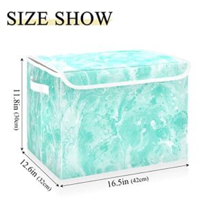 Kigai Storage Basket Abstract Marble Mint Green Storage Boxes with Lids and Handle, Large Storage Cube Bin Collapsible for Shelves Closet Bedroom Living Room, 16.5x12.6x11.8 In