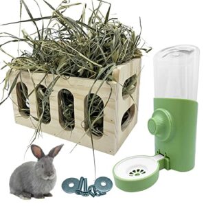 wewaykgj rabbit hay feeder wooden hay rack automatic water bottle less wasted hay feeder for rabbit bunny chinchillas guinea pig small animal supplies (horizontal)