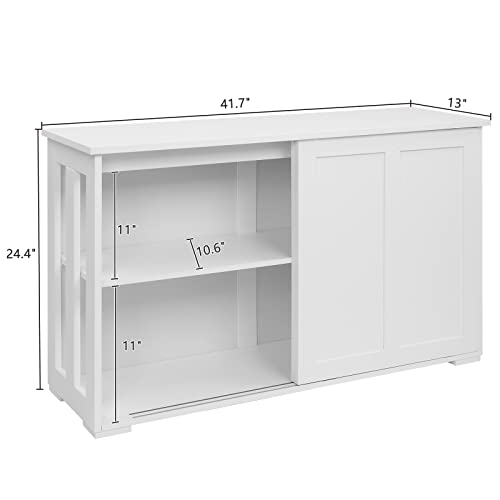 Kitchen Sideboard Buffet Storage Cabinet with 2 Sliding Doors and Adjustable Shelf, Wooden Cupboard Server Buffet Console Table, Stackable Sideboard Cabinets Storage for Dining Room Entryway, White