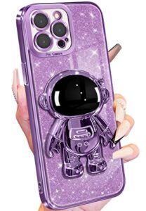 buleens for iphone 14 pro max case astronaut, clear cases for iphone 14 pro max with glitter paper & spaceman stand, women girls cute electroplated sparkly space phone cover for 14 promax purple