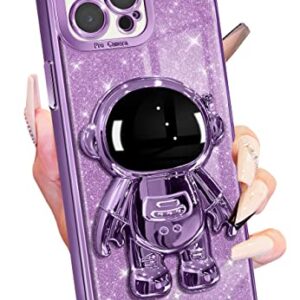 Buleens for iPhone 14 Pro Max Case Astronaut, Clear Cases for iPhone 14 Pro Max with Glitter Paper & Spaceman Stand, Women Girls Cute Electroplated Sparkly Space Phone Cover for 14 ProMax Purple