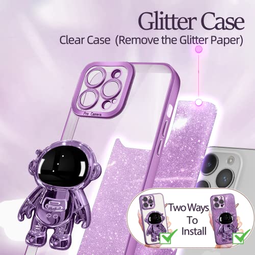 Buleens for iPhone 14 Pro Max Case Astronaut, Clear Cases for iPhone 14 Pro Max with Glitter Paper & Spaceman Stand, Women Girls Cute Electroplated Sparkly Space Phone Cover for 14 ProMax Purple