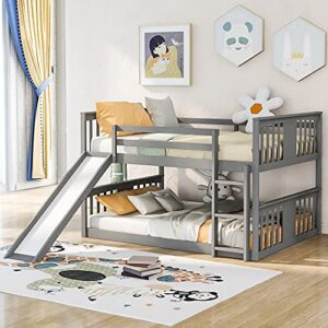 erdaye full over full bunk bed with slide and ladder, wood bunkbed w/safety guardrails, solid slat support bedframe for kids teens, no box spring needed, grey