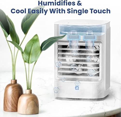 Portable Air Conditioner, BREEZEWELL 8in Rechargeable Small Evaporative Air Cooler, 90°Auto Oscillation, 7 Color Vibe Lights, 4000mAh Battery Powered Humidifier, Mini Air Conditioner for Camping, Car