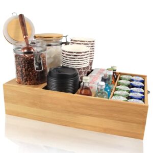 gnillko coffee storage organizer with 2 pcs coffee canister, wooden coffee bar accessories storage container for countertop, farmhouse k cup coffee pod holder basket for coffee lover