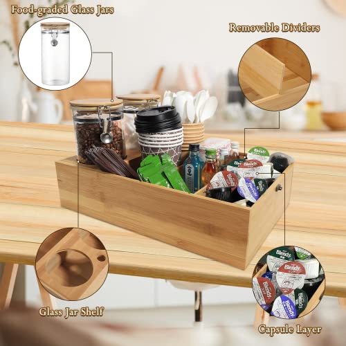 GNILLKO Coffee Storage Organizer with 2 PCS Coffee Canister, Wooden Coffee Bar Accessories Storage Container For Countertop, Farmhouse K Cup Coffee Pod Holder Basket For Coffee Lover