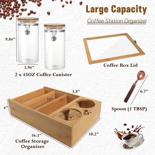 GNILLKO Coffee Storage Organizer with 2 PCS Coffee Canister, Wooden Coffee Bar Accessories Storage Container For Countertop, Farmhouse K Cup Coffee Pod Holder Basket For Coffee Lover