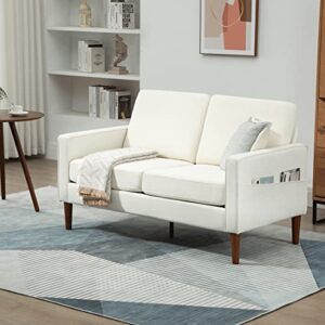 modern living room loveseat sofa couches, upholstered linen fabric love seat armchair couch with wide wooden legs for living room and office, beige