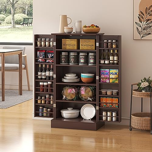 kepptory 47” Pantry Cabinet, Kitchen Pantry Storage Cabinet with Doors & Adjustable Shelves, Brown Freestanding Buffet Cupboards Sideboard for Living Room and Dinning Room, Sturdy and Durable