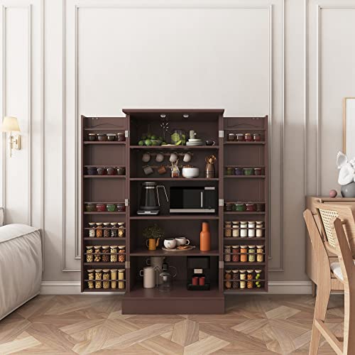 kepptory 47” Pantry Cabinet, Kitchen Pantry Storage Cabinet with Doors & Adjustable Shelves, Brown Freestanding Buffet Cupboards Sideboard for Living Room and Dinning Room, Sturdy and Durable