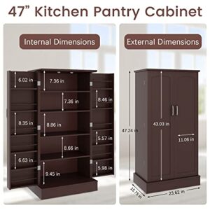 kepptory 47” Pantry Cabinet, Kitchen Pantry Storage Cabinet with Doors & Adjustable Shelves, Brown Freestanding Buffet Cupboards Sideboard for Living Room and Dinning Room, Sturdy and Durable