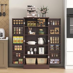 kepptory 47” Pantry Cabinet, Kitchen Pantry Storage Cabinet with Doors & Adjustable Shelves, Brown Freestanding Buffet Cupboards Sideboard for Living Room and Dinning Room, Sturdy and Durable