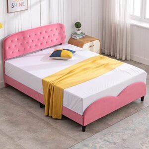 Mixoy Kids Full Size Bed Frame with Headboard, Velvet Upholstered Platform Bed with Slatted Bed Base, No Box Spring Needed, Pink Princess Wooden Bed for Girls(Full, Diamonds)