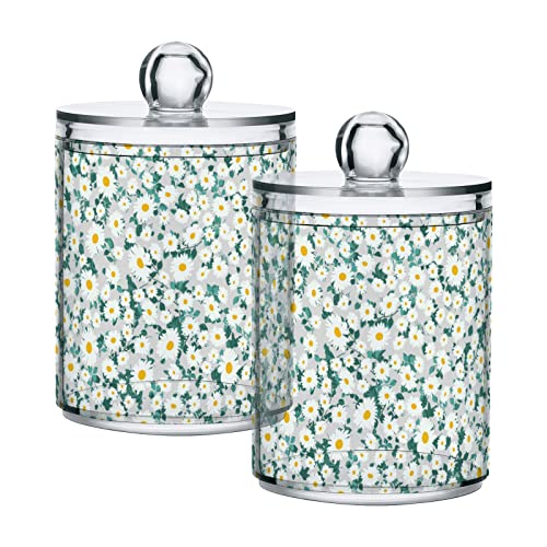 Kigai 2 Pack Apothecary Jars Beautiful Daisy Qtip Holder Organizer Clear Airtight Container for Cotton Swabs Food Storage 14oz Plastic Jars with Lids