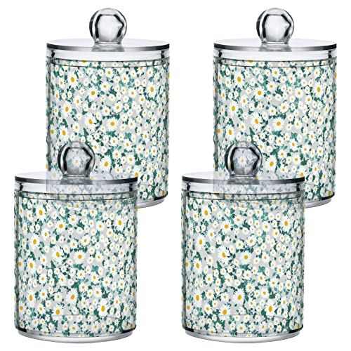 Kigai 2 Pack Apothecary Jars Beautiful Daisy Qtip Holder Organizer Clear Airtight Container for Cotton Swabs Food Storage 14oz Plastic Jars with Lids