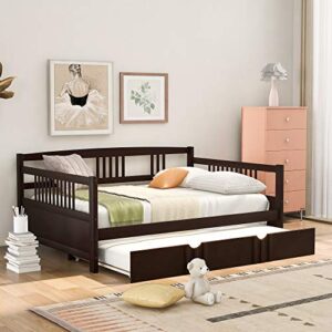 erdaye full size daybed wood bed with twin size trundle bed, espresso