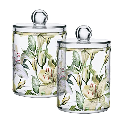 Kigai 2 Pack Apothecary Jars Fresh Lily Flowers Qtip Holder Organizer Clear Airtight Container for Cotton Swabs Food Storage 14oz Plastic Jars with Lids