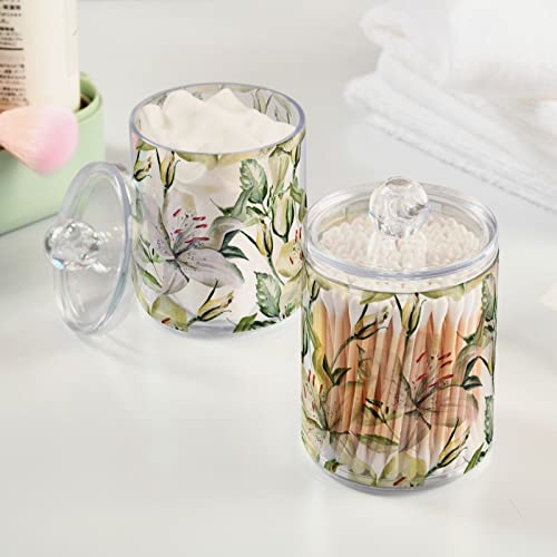 Kigai 2 Pack Apothecary Jars Fresh Lily Flowers Qtip Holder Organizer Clear Airtight Container for Cotton Swabs Food Storage 14oz Plastic Jars with Lids